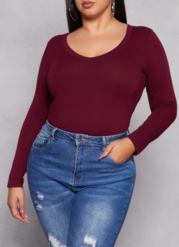 Plus Size Basic Long Sleeve V Neck Tee sold by Rainbow