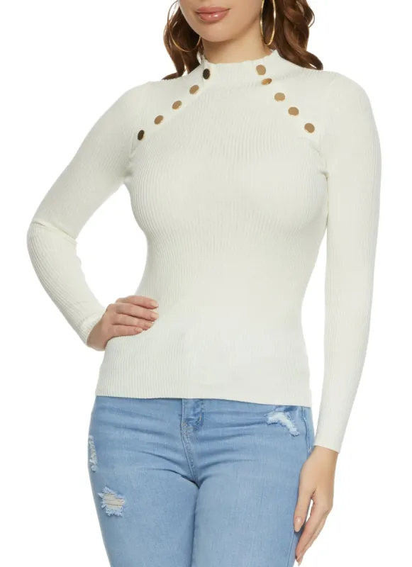 Snap Faux Button Trim High Neck Sweater sold by Rainbow