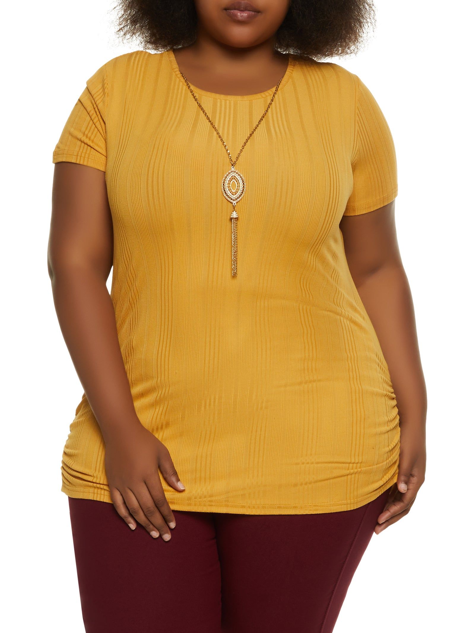 Plus Size Rib Knit Ruched Side Top with Necklace sold by Rainbow