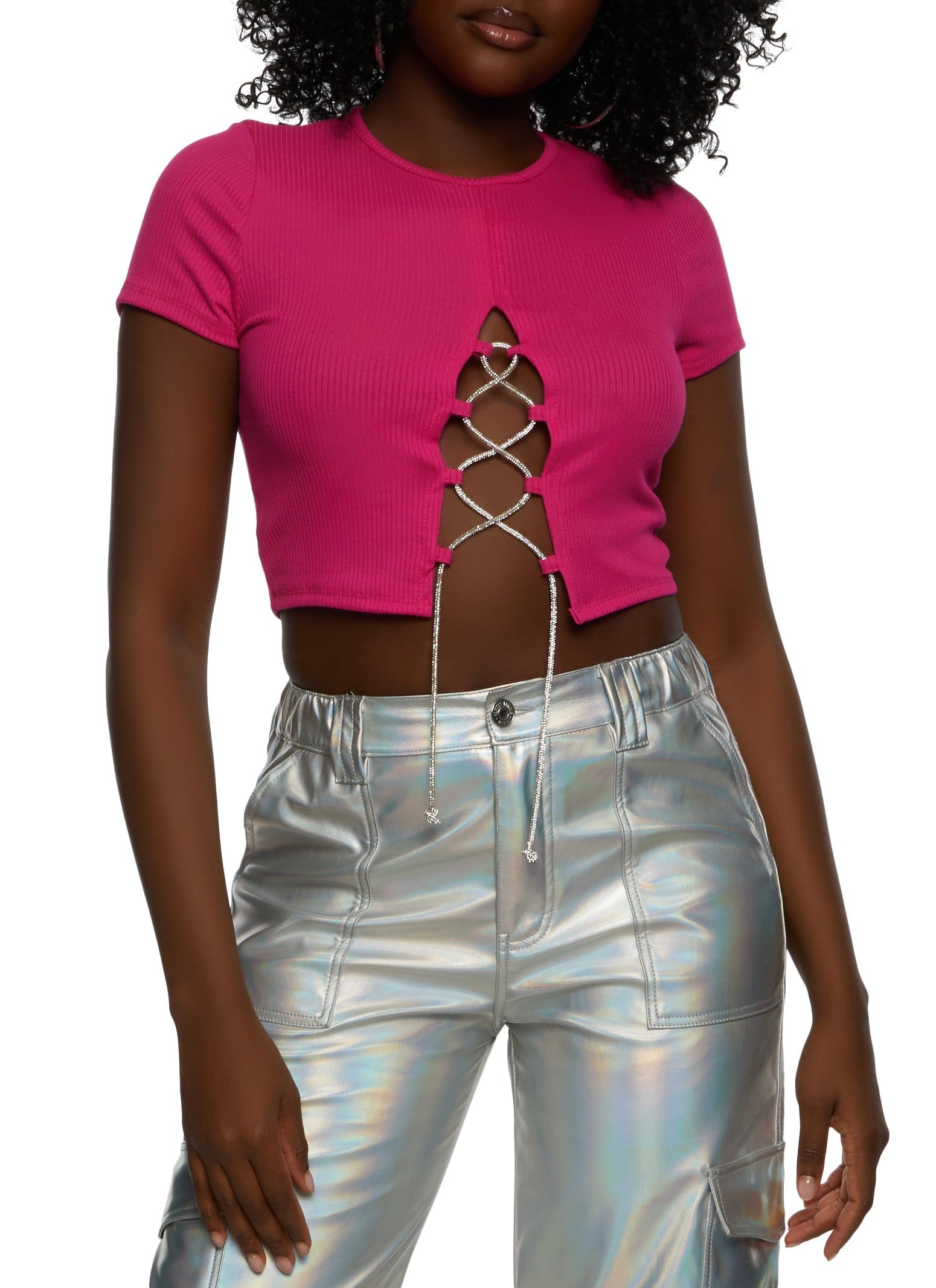 Rib Knit Rhinestone Lace Up Crop Top sold by Rainbow