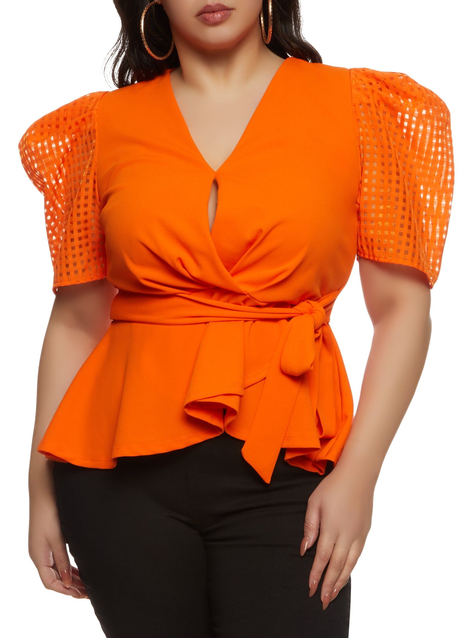 Plus Size Tie Waist Puff Sleeve Peplum Top sold by Rainbow