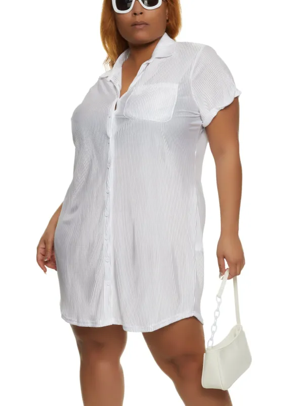 Plus Size Plisse Short Sleeve Shirt Dress sold by Rainbow
