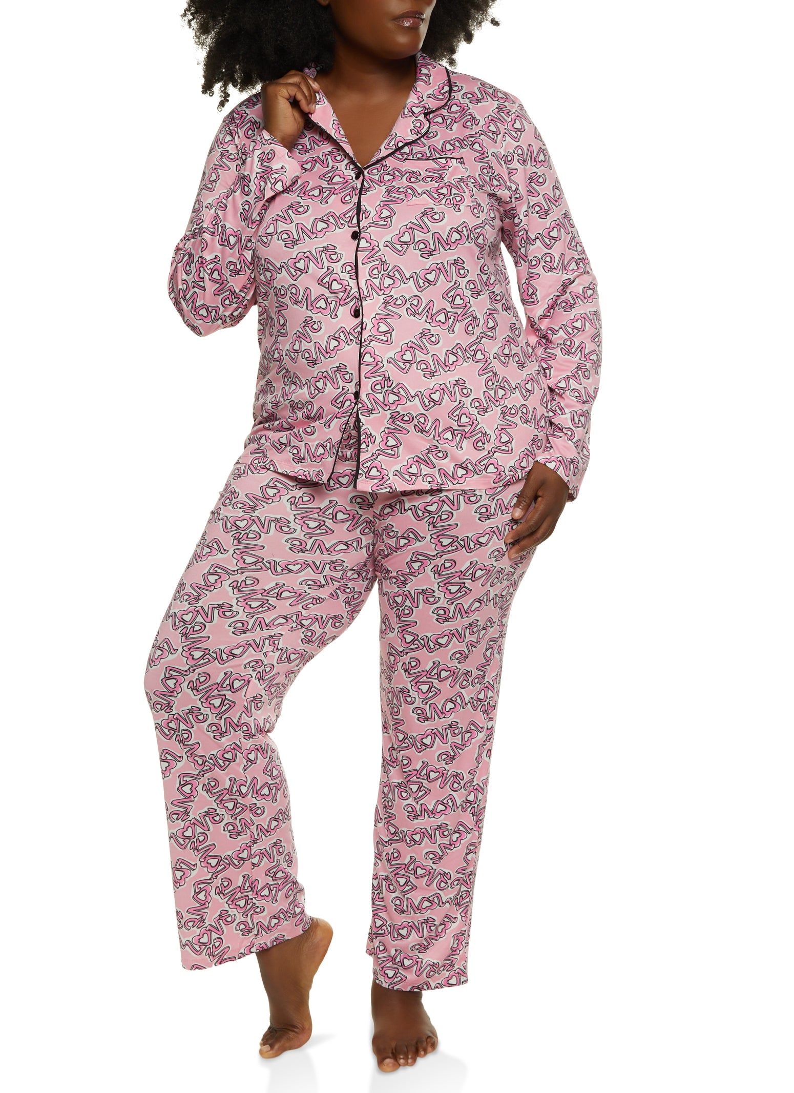 Plus Size Love Print Long Sleeve Pajama Top and Pants sold by Rainbow