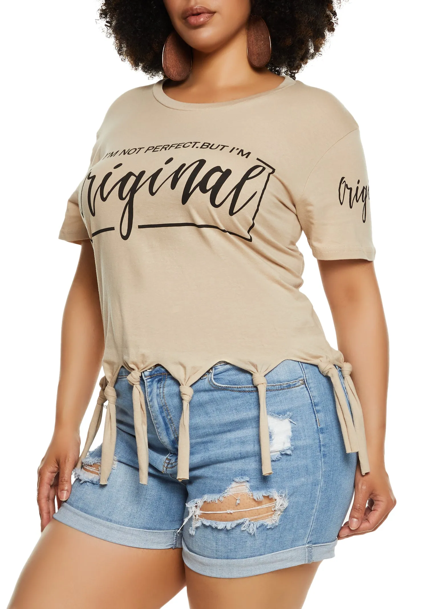 Plus Size Im Not Perfect But Im Original Knot Fringe Tee sold by Rainbow