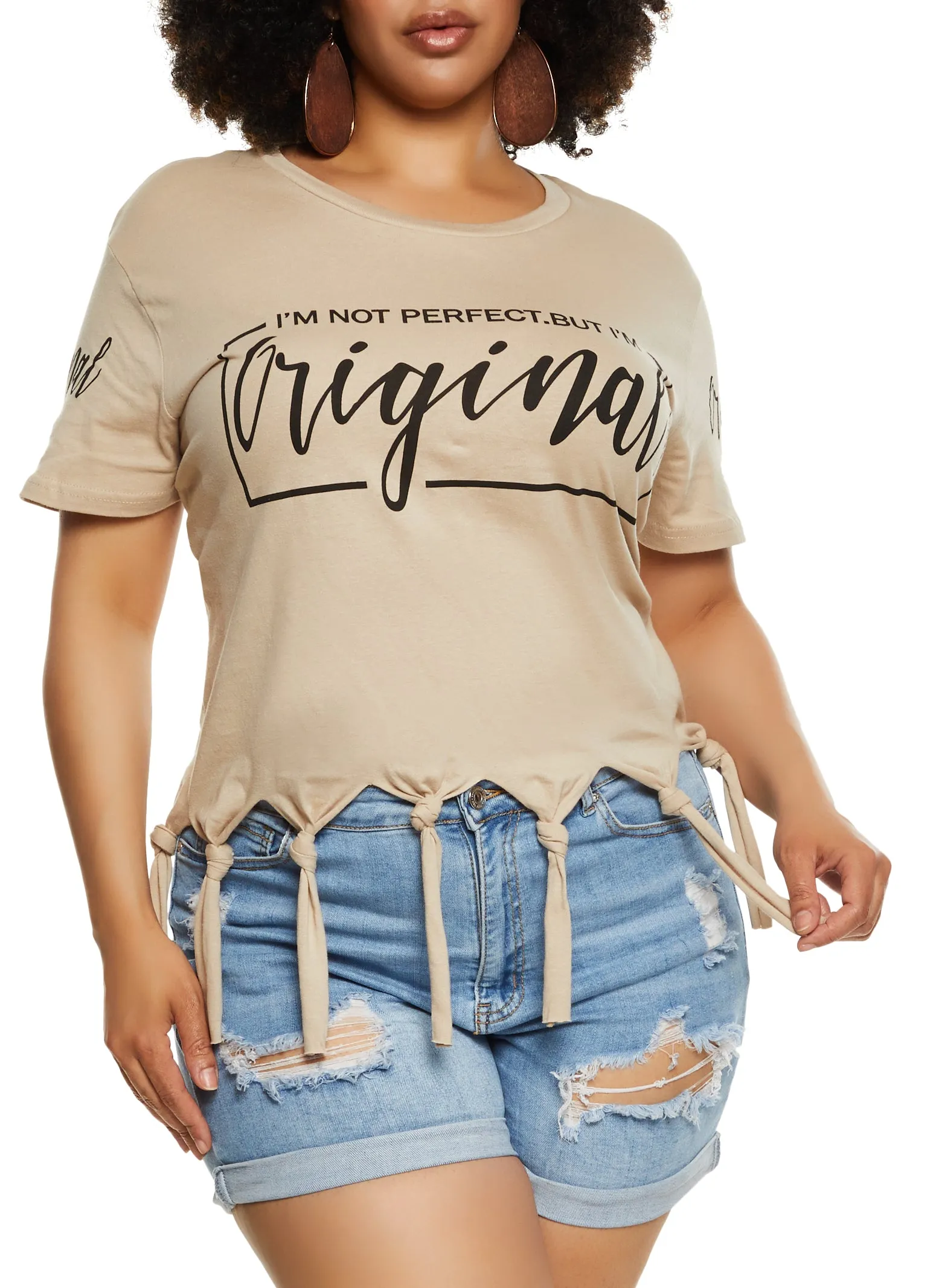 Plus Size Im Not Perfect But Im Original Knot Fringe Tee sold by Rainbow product image thumbnail 2