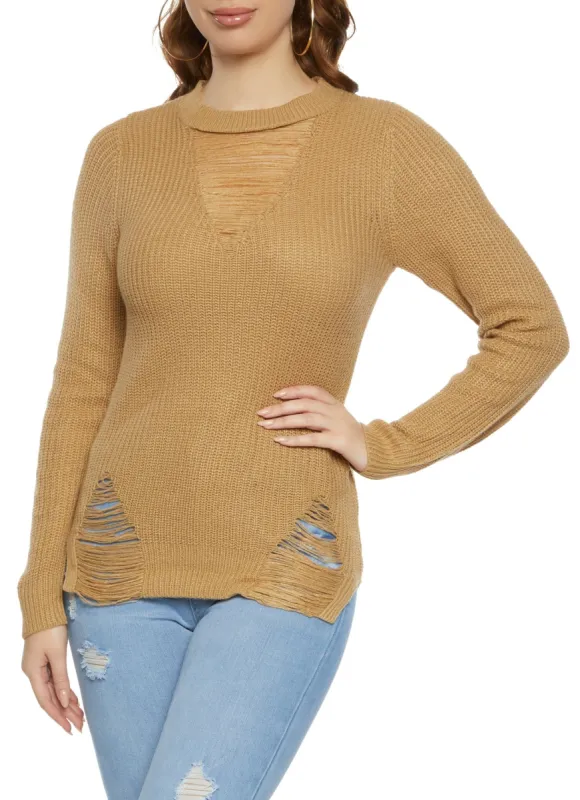Ribbed Knit Distressed Pullover Sweater sold by Rainbow