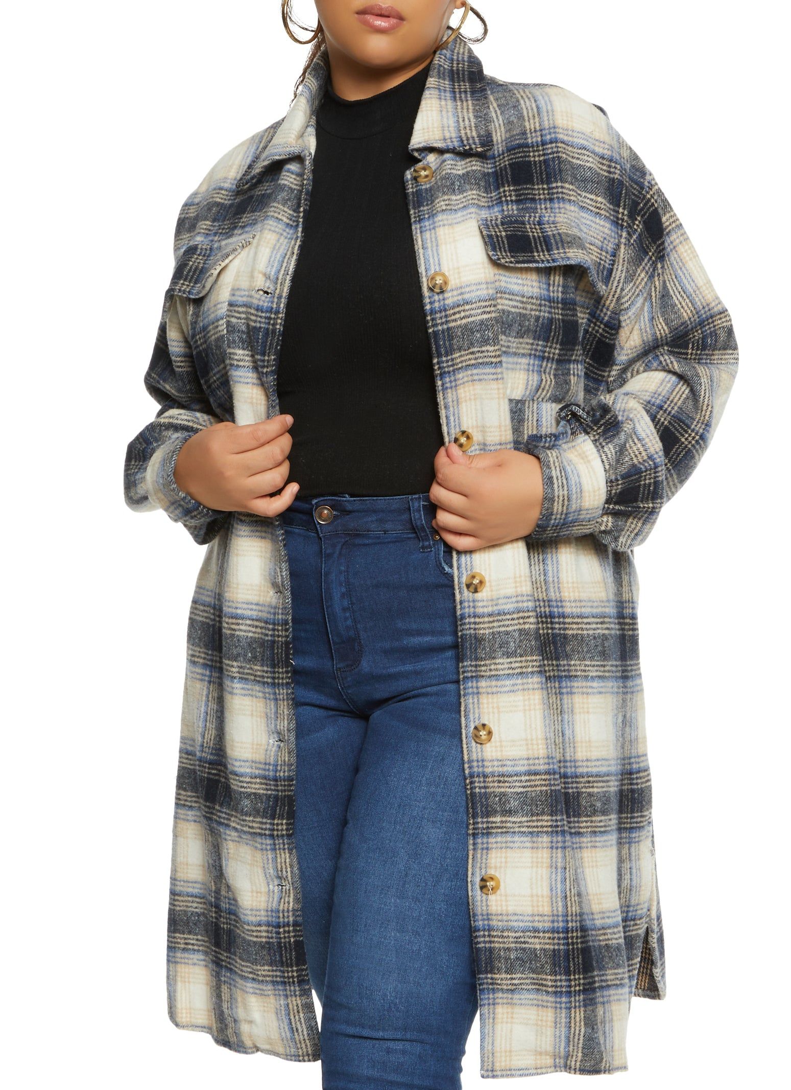 Plus Size Brushed Knit Plaid Longline Shacket sold by Rainbow