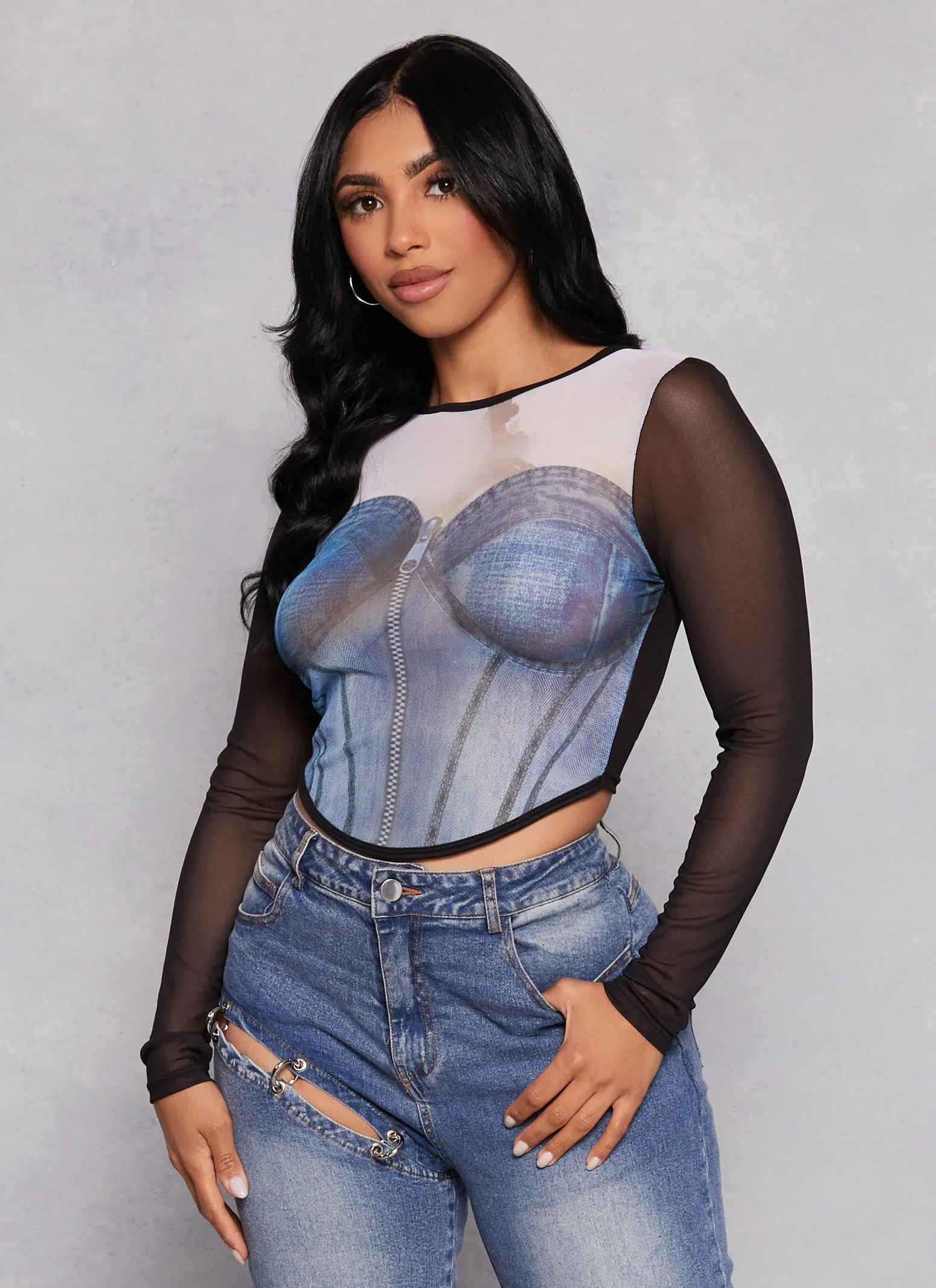 Mesh Denim Corset Graphic Crop Top sold by Rainbow