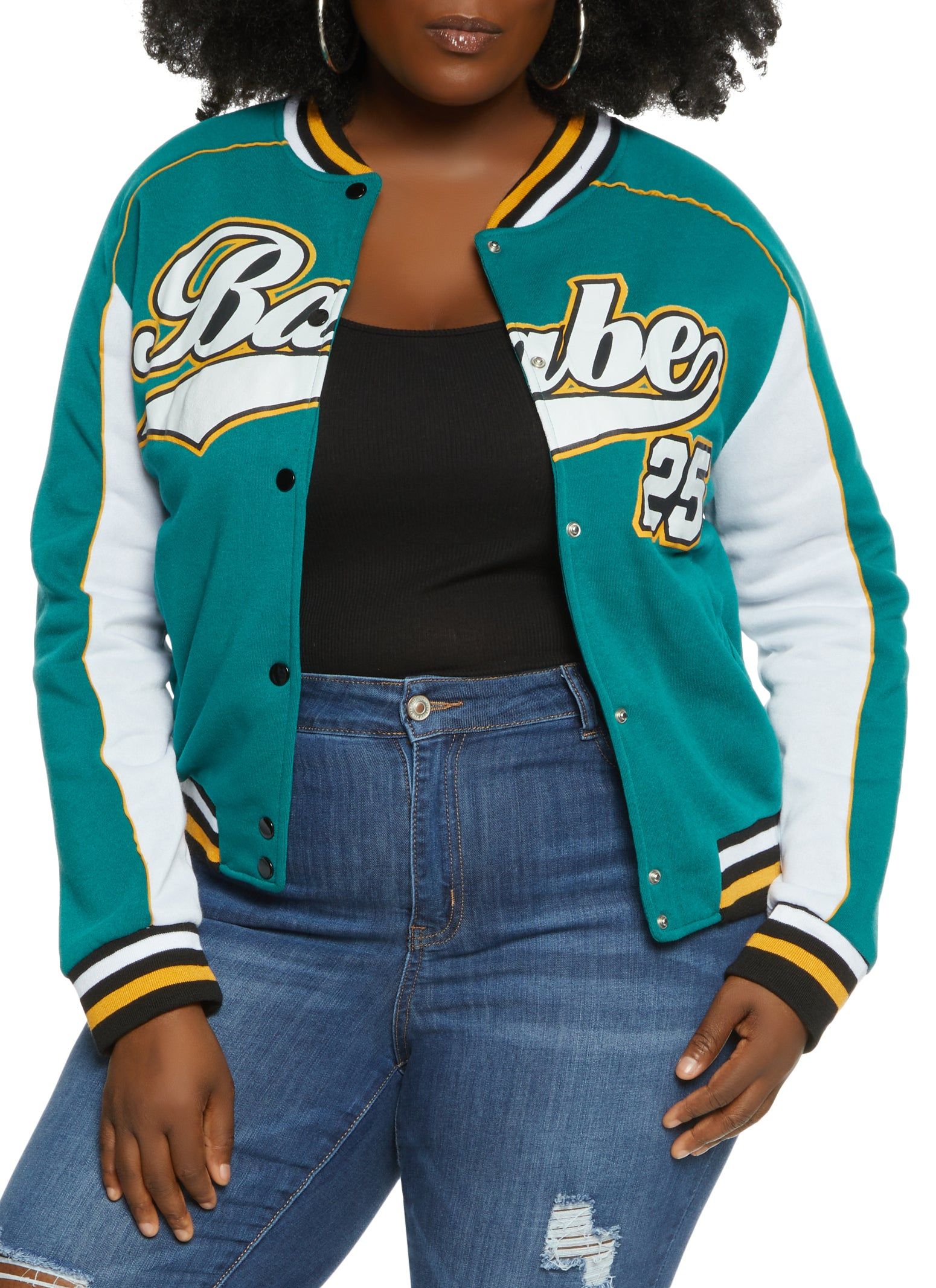 Plus Size Color Block Babe 25 Baseball Jacket sold by Rainbow