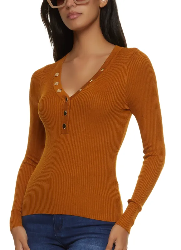 Snap Button V Neck Ribbed Knit Sweater sold by Rainbow