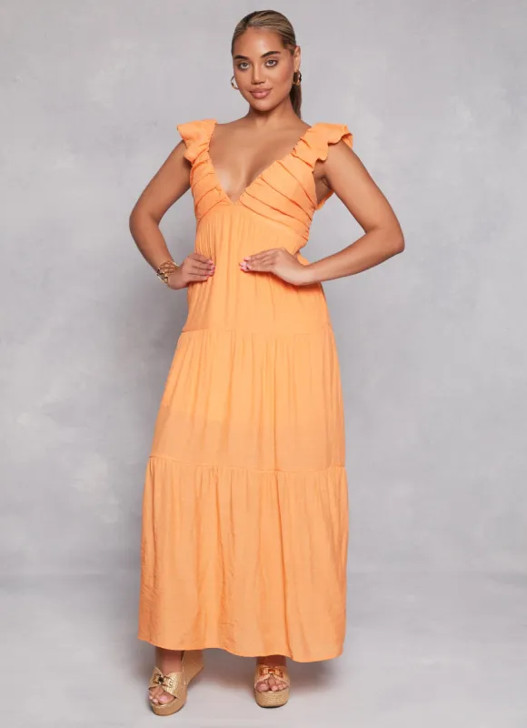 Ruched V Neck Tiered Maxi Dress sold by Rainbow