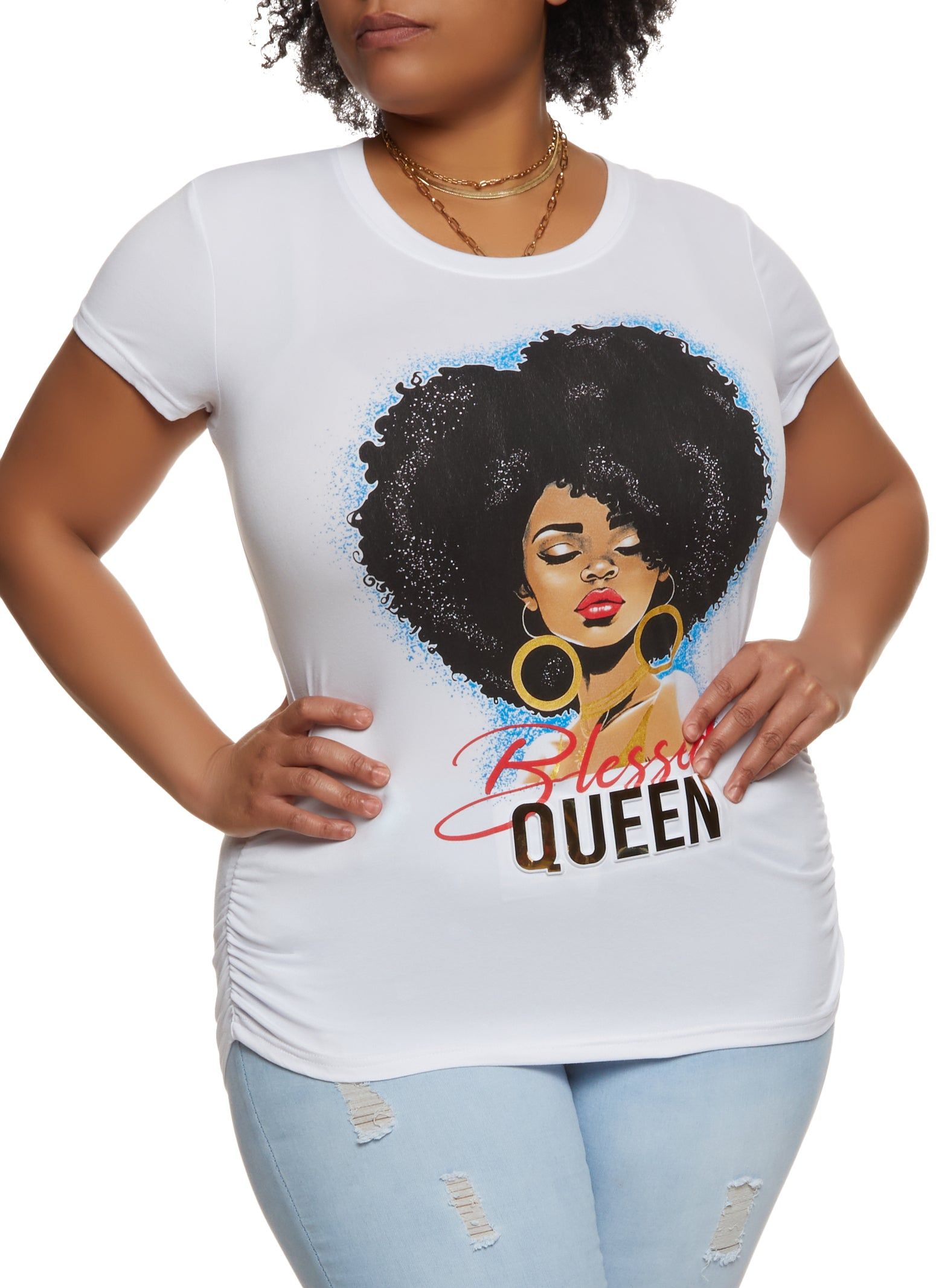 Plus Size Blessed Queen Ruched Graphic Tee sold by Rainbow