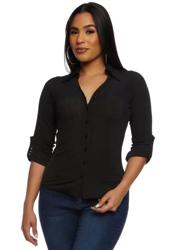 Ribbed Knit Button Front Shirt sold by Rainbow