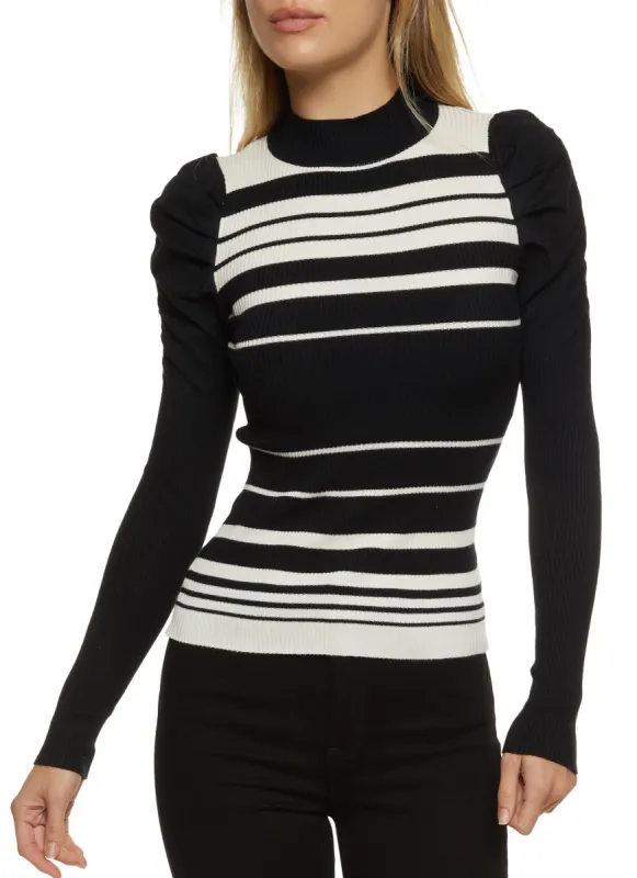 Ribbed Knit Puff Sleeve Striped Sweater sold by Rainbow