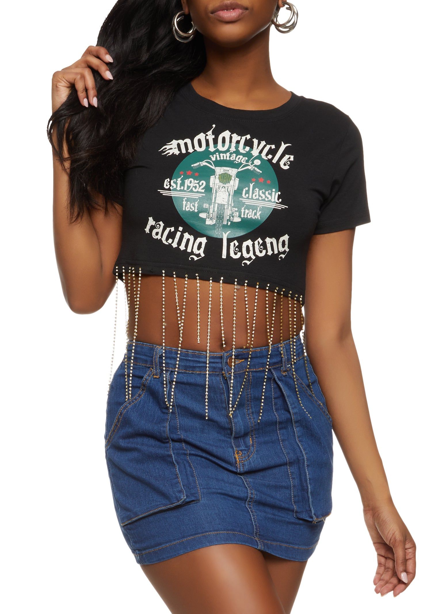Rhinestone Fringe Motorcycle Graphic Crop Top sold by Rainbow