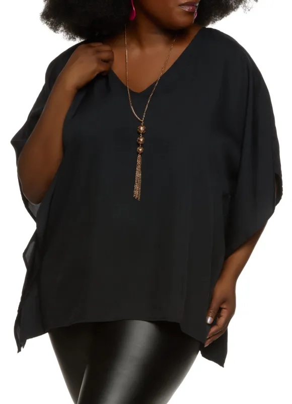 Plus Size Batwing Sleeve V Neck Blouse with Necklace sold by Rainbow