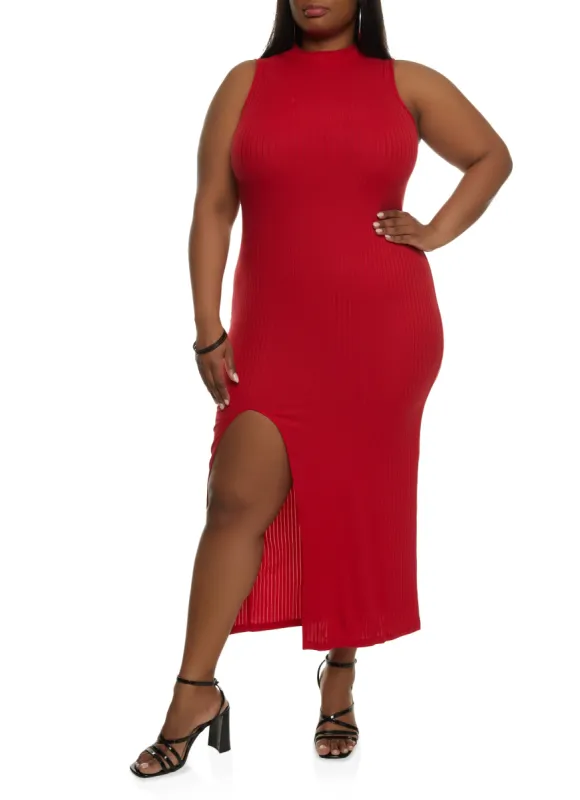 Plus Size Mock Neck Side Slit Tank Dress sold by Rainbow