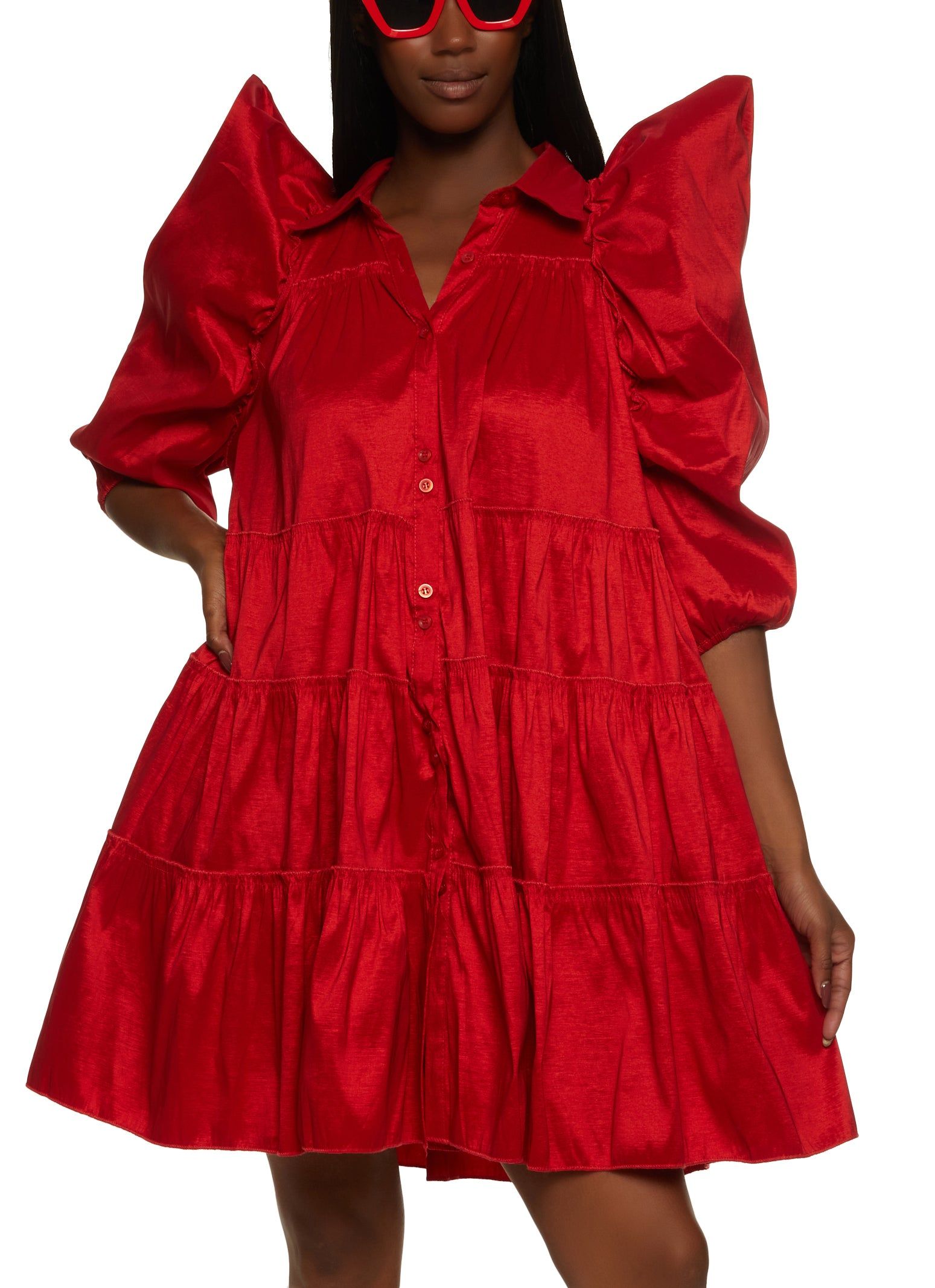 Puff Sleeve Tiered Mini Shirt Dress sold by Rainbow
