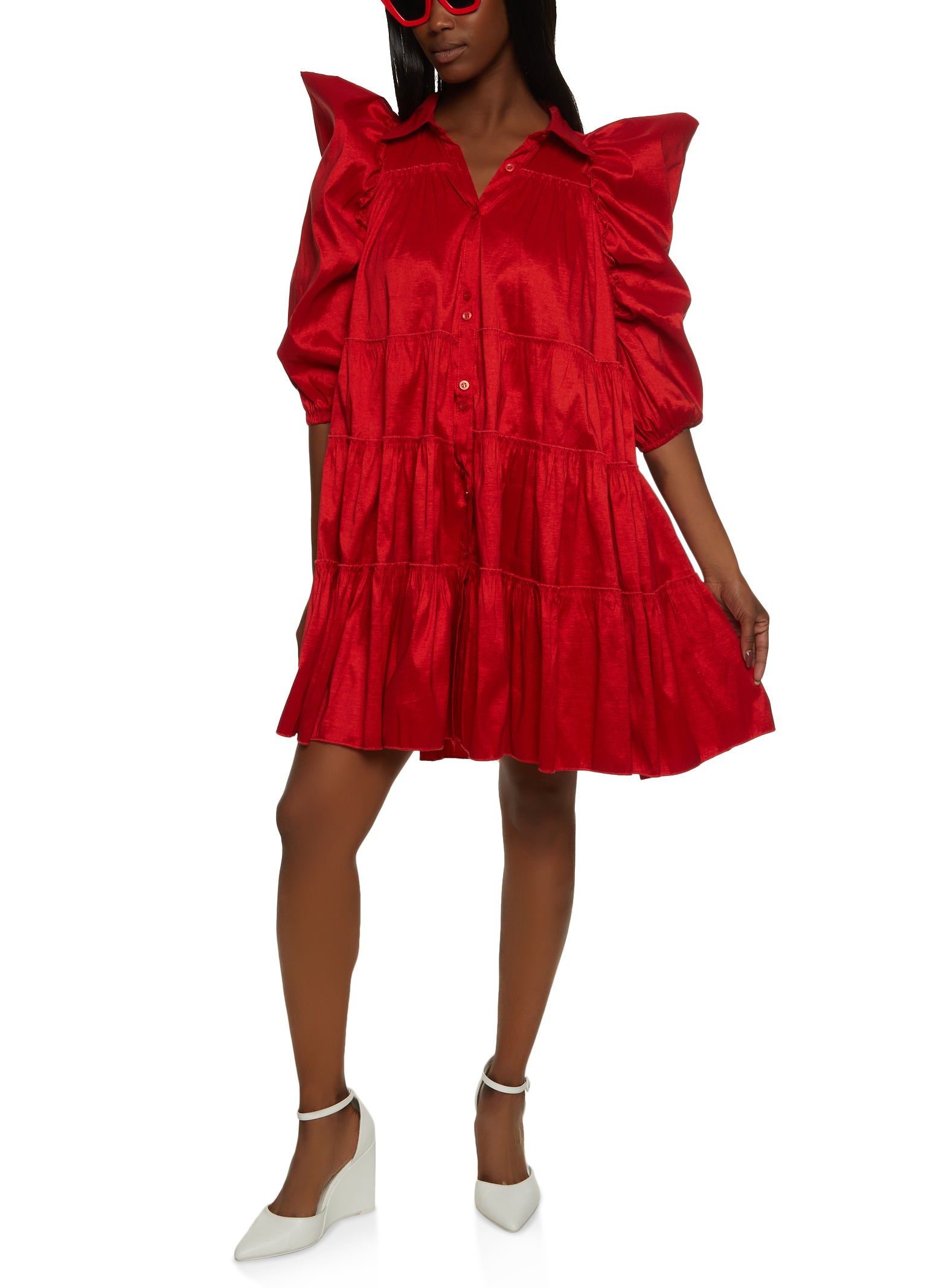 Puff Sleeve Tiered Mini Shirt Dress sold by Rainbow product image thumbnail 2