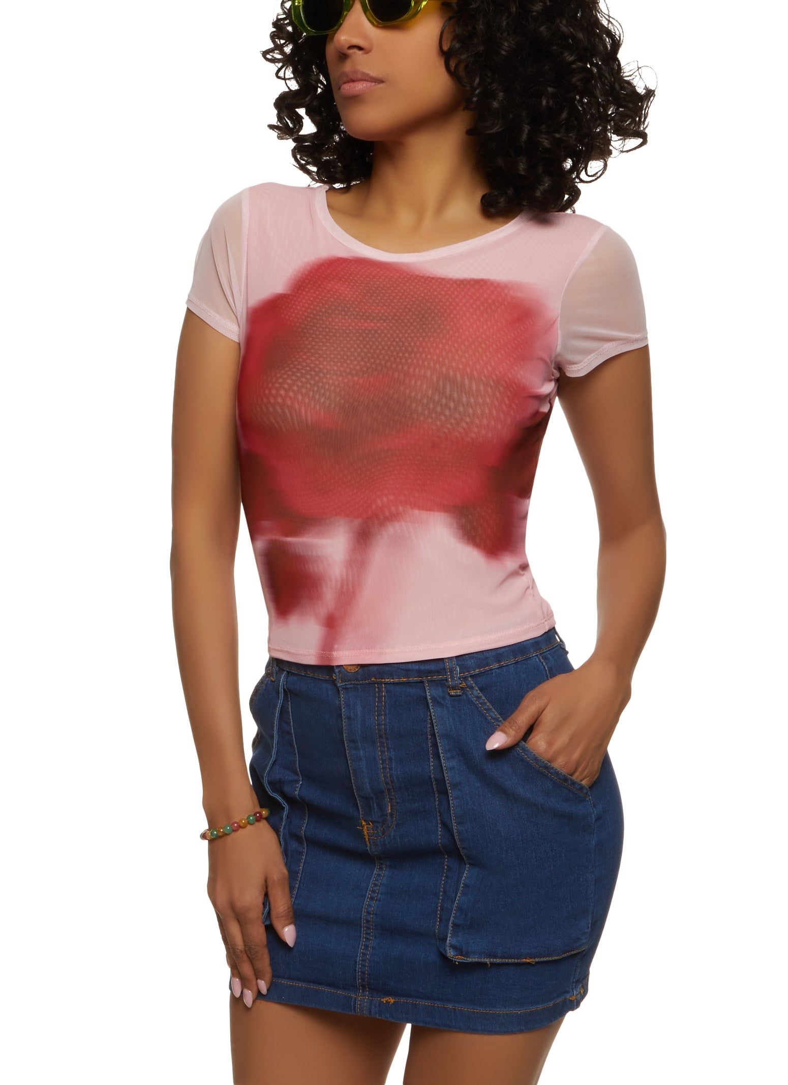 Mesh Printed Short Sleeve Top sold by Rainbow