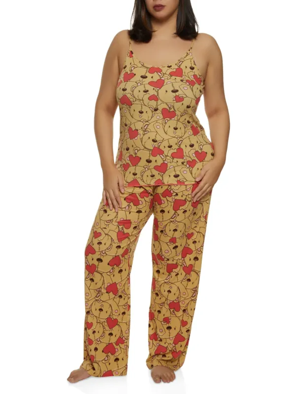 Plus Size Bear Heart Graphic Print Pajama Cami and Pants sold by Rainbow