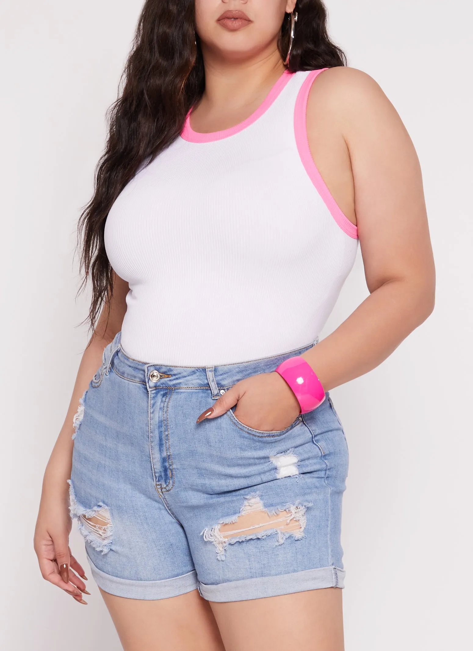 Plus Size Seamless Ribbed Contrast Trim Tank Top sold by Rainbow