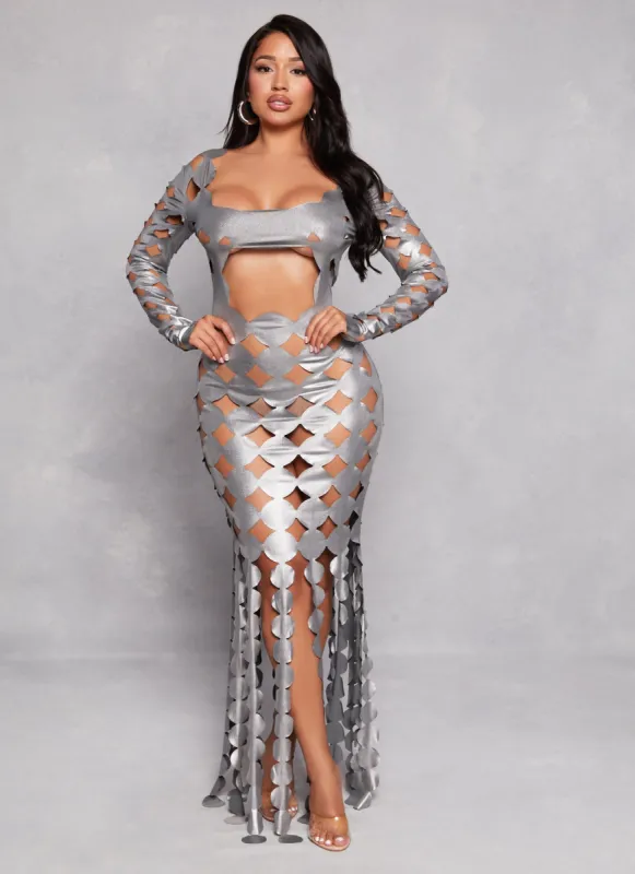 Metallic Cut Out Fringe Maxi Dress sold by Rainbow