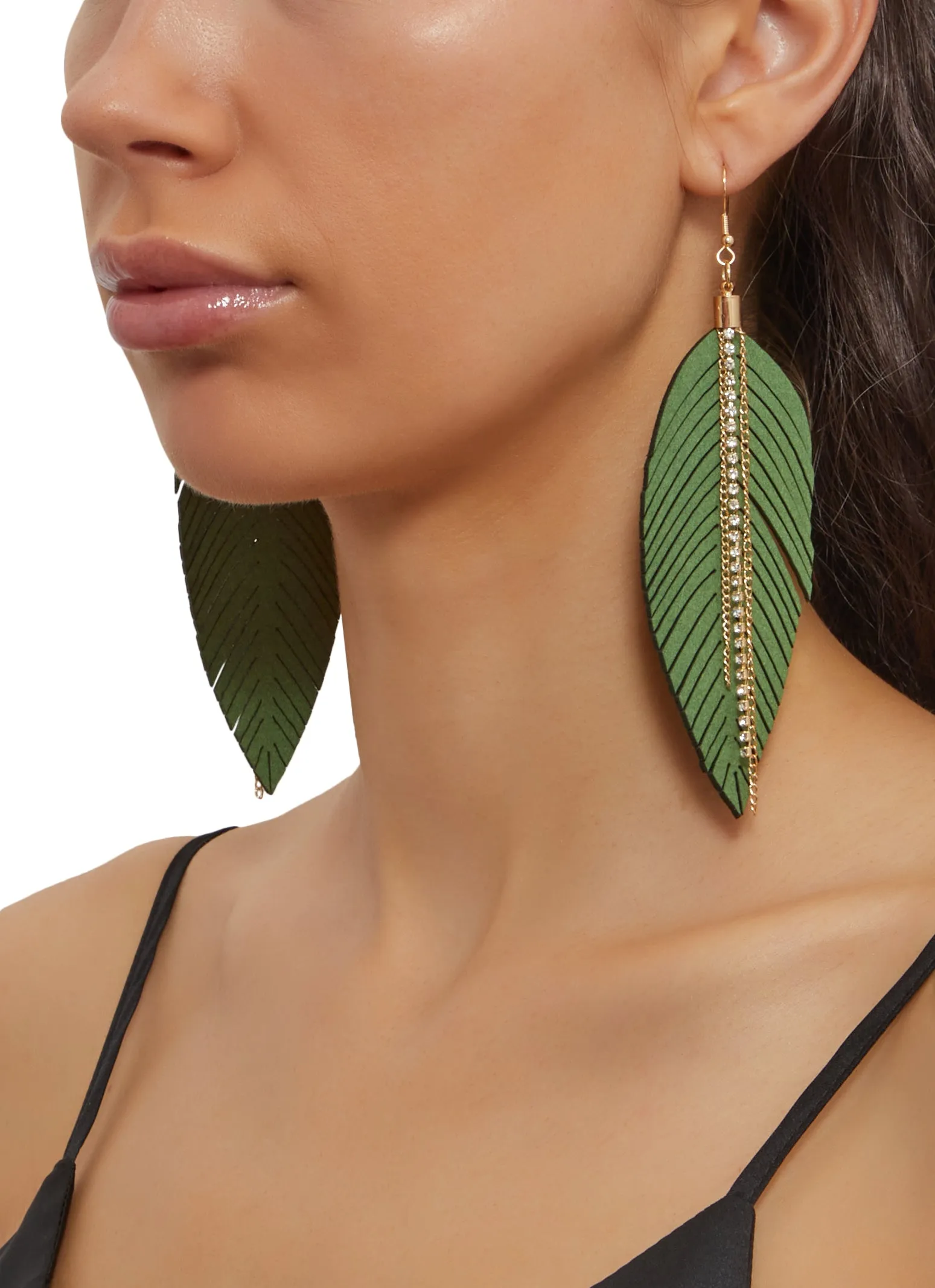 Leaf Rhinestone Fringe Drop Earrings sold by Rainbow