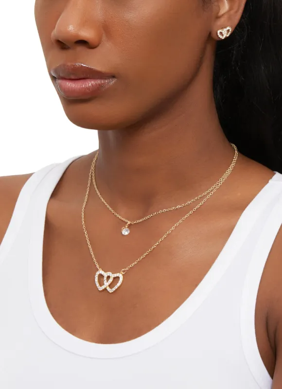 Rhinestone Heart Charm Layered Necklace and Stud Earrings sold by Rainbow