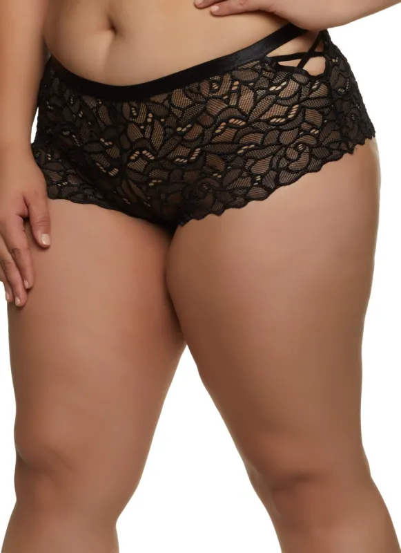 Plus Size Caged Side Detail Patterned Lace Boyshort Panty sold by Rainbow