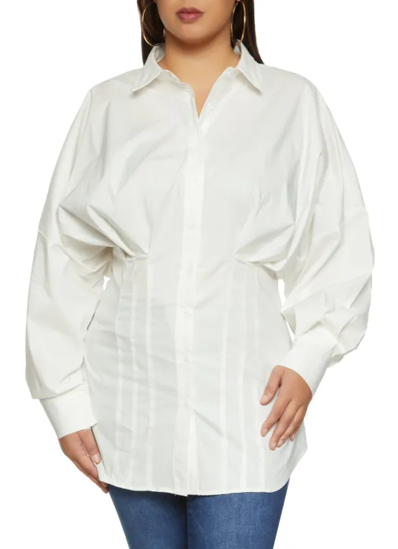 Plus Size Pleated Detail Button Front Shirt sold by Rainbow