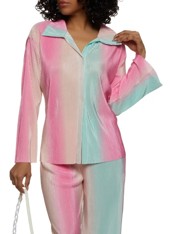 Ombre Plisse Button Down Shirt sold by Rainbow