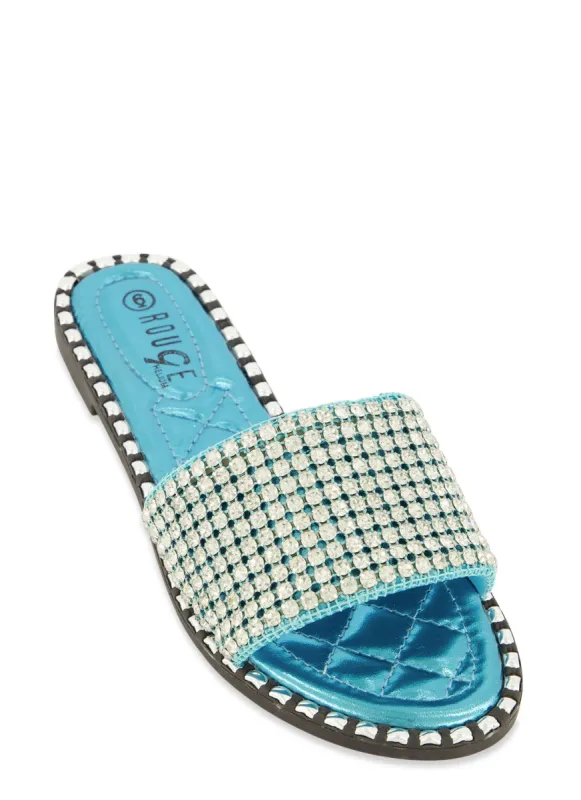 Studded Trim Rhinestone Single Band Slide Sandals sold by Rainbow