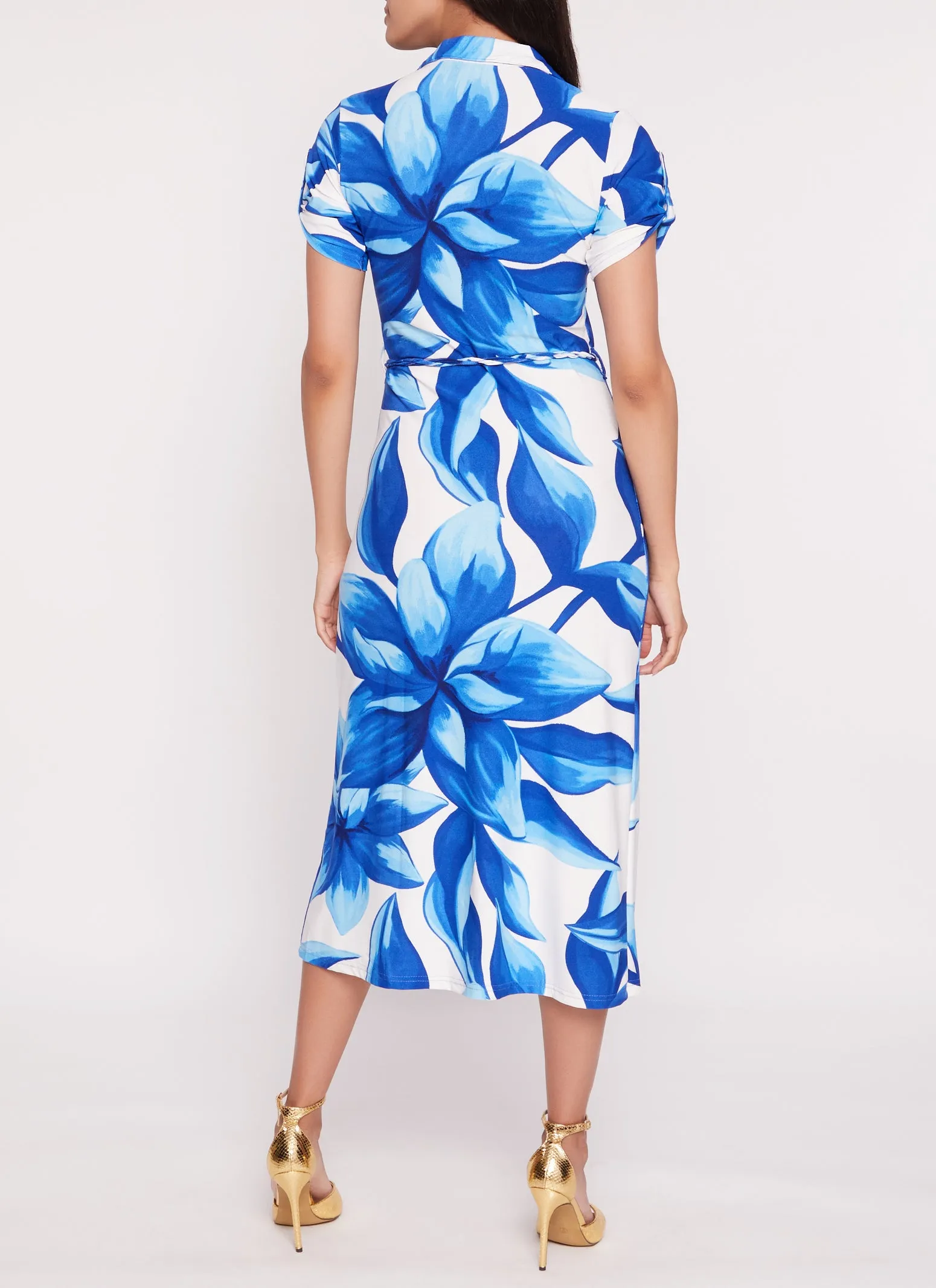 Floral Print Tabbed Sleeve Midi Shirt Dress sold by Rainbow product image thumbnail 3