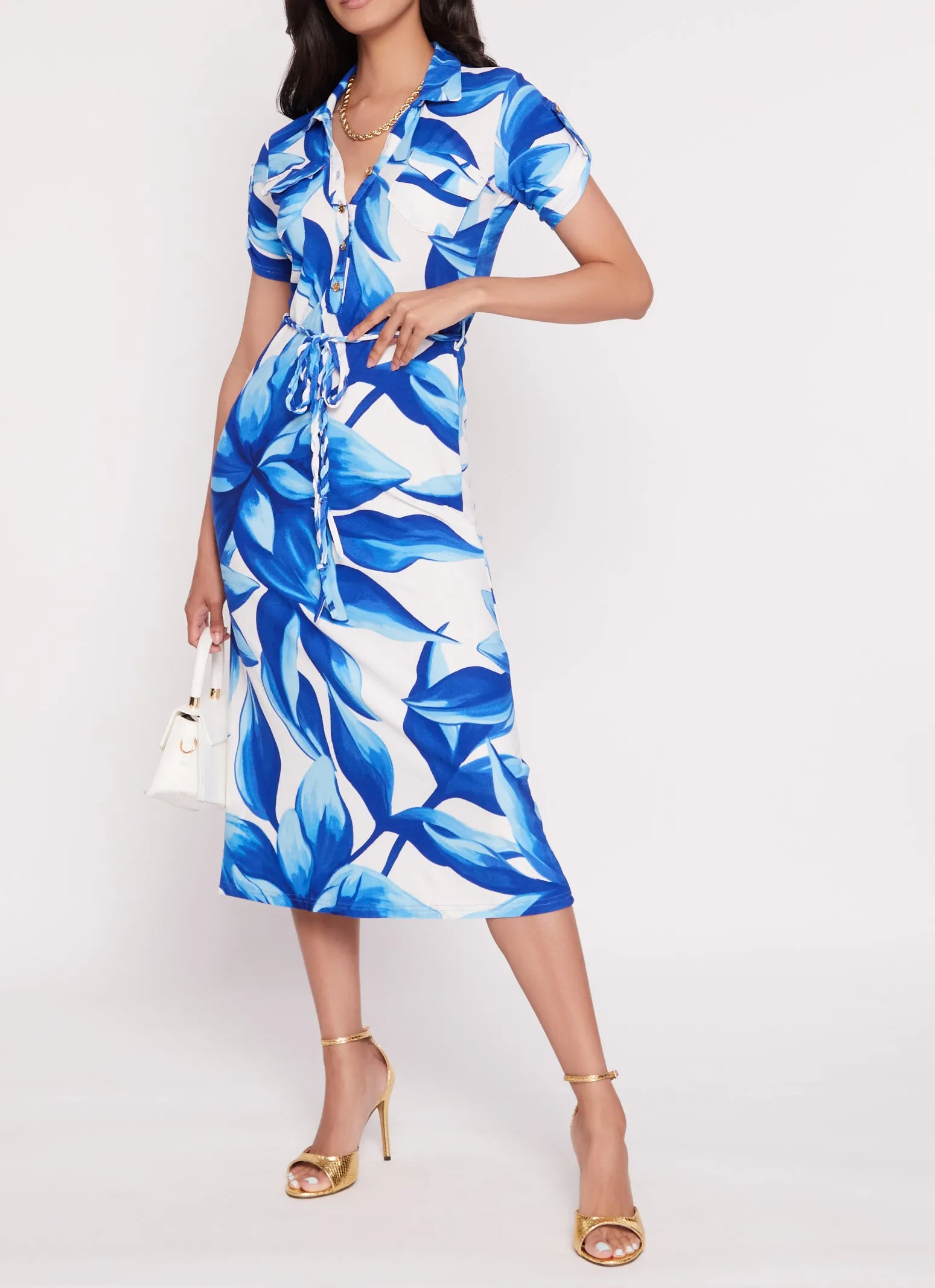 Floral Print Tabbed Sleeve Midi Shirt Dress sold by Rainbow