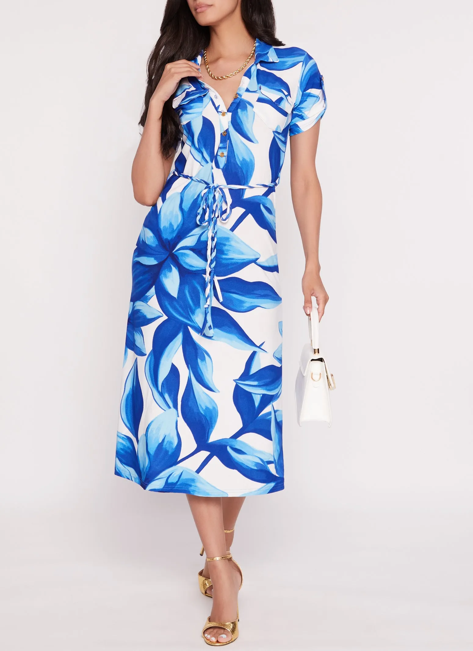Floral Print Tabbed Sleeve Midi Shirt Dress sold by Rainbow product image thumbnail 2