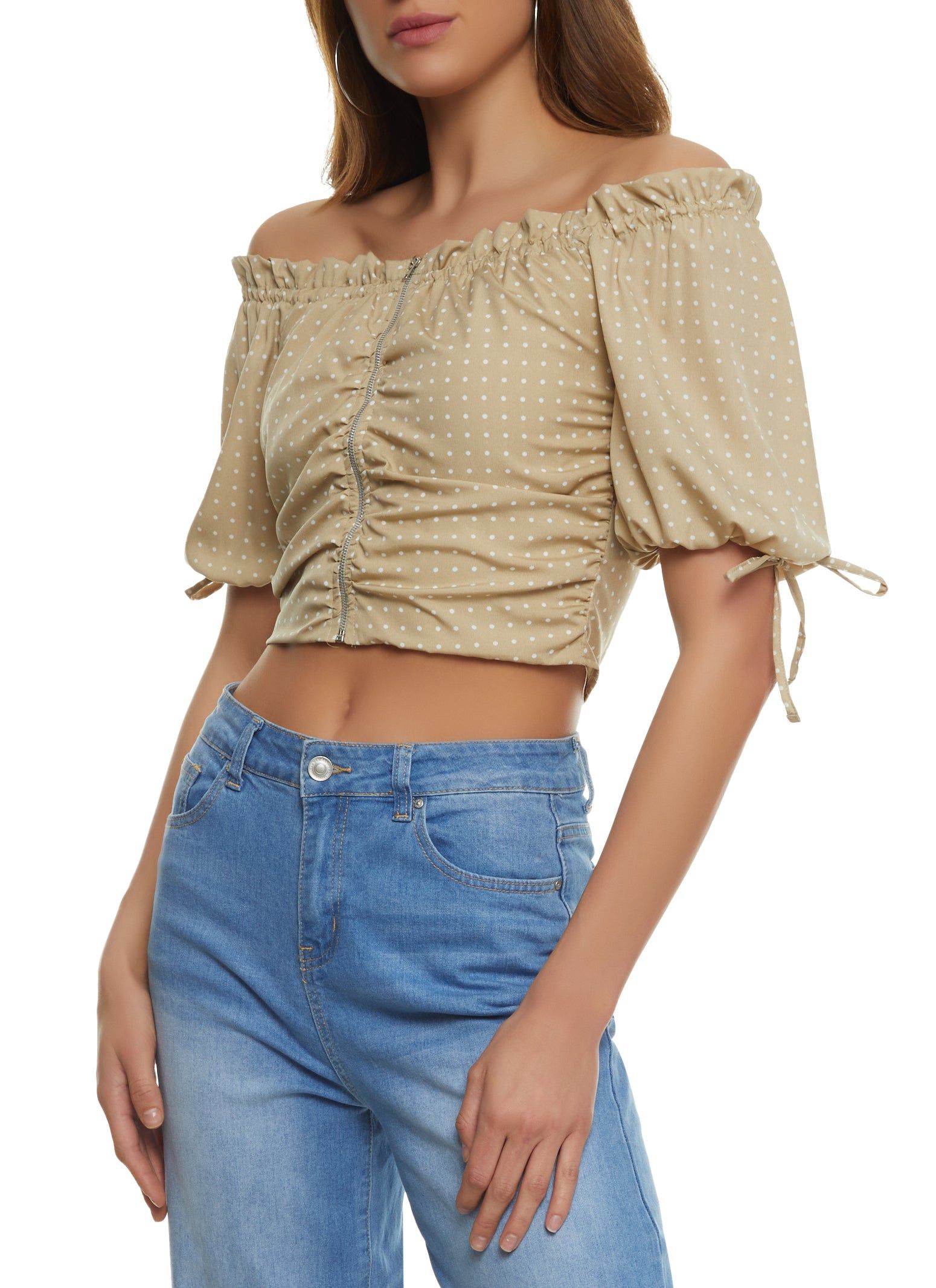 Polka Dot Ruched Zip Front Off the Shoulder Top sold by Rainbow