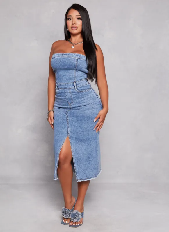 Denim Front Slit Midi Tube Dress sold by Rainbow
