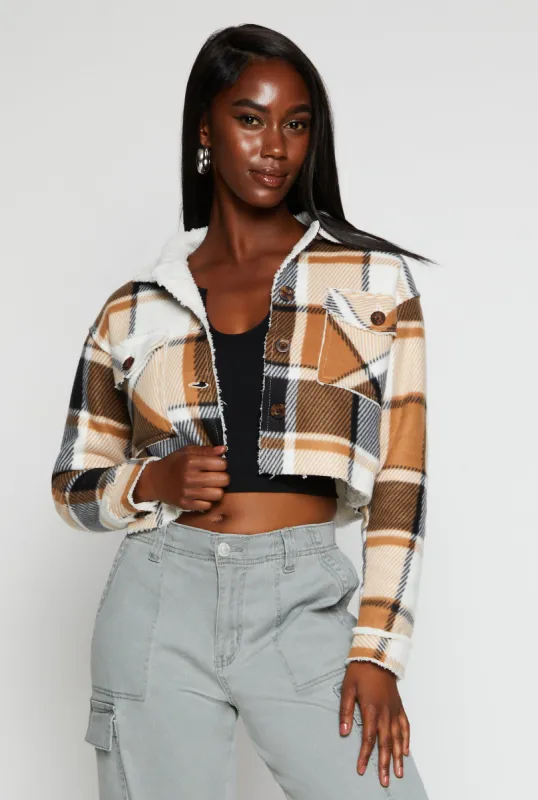 Plaid Sherpa Lined Raw Hem Button Front Shacket sold by Rainbow