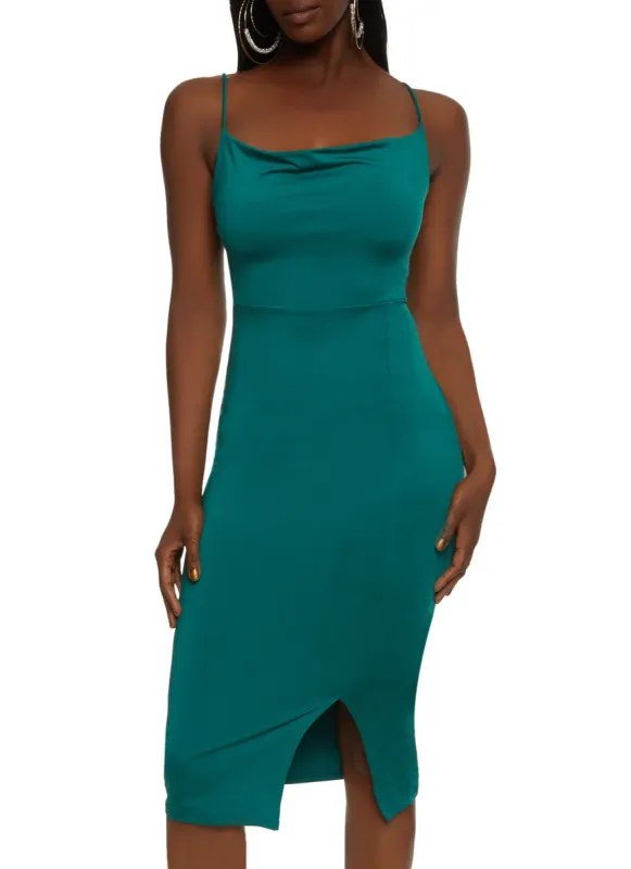 Solid Cowl Neck Front Slit Midi Dress sold by Rainbow