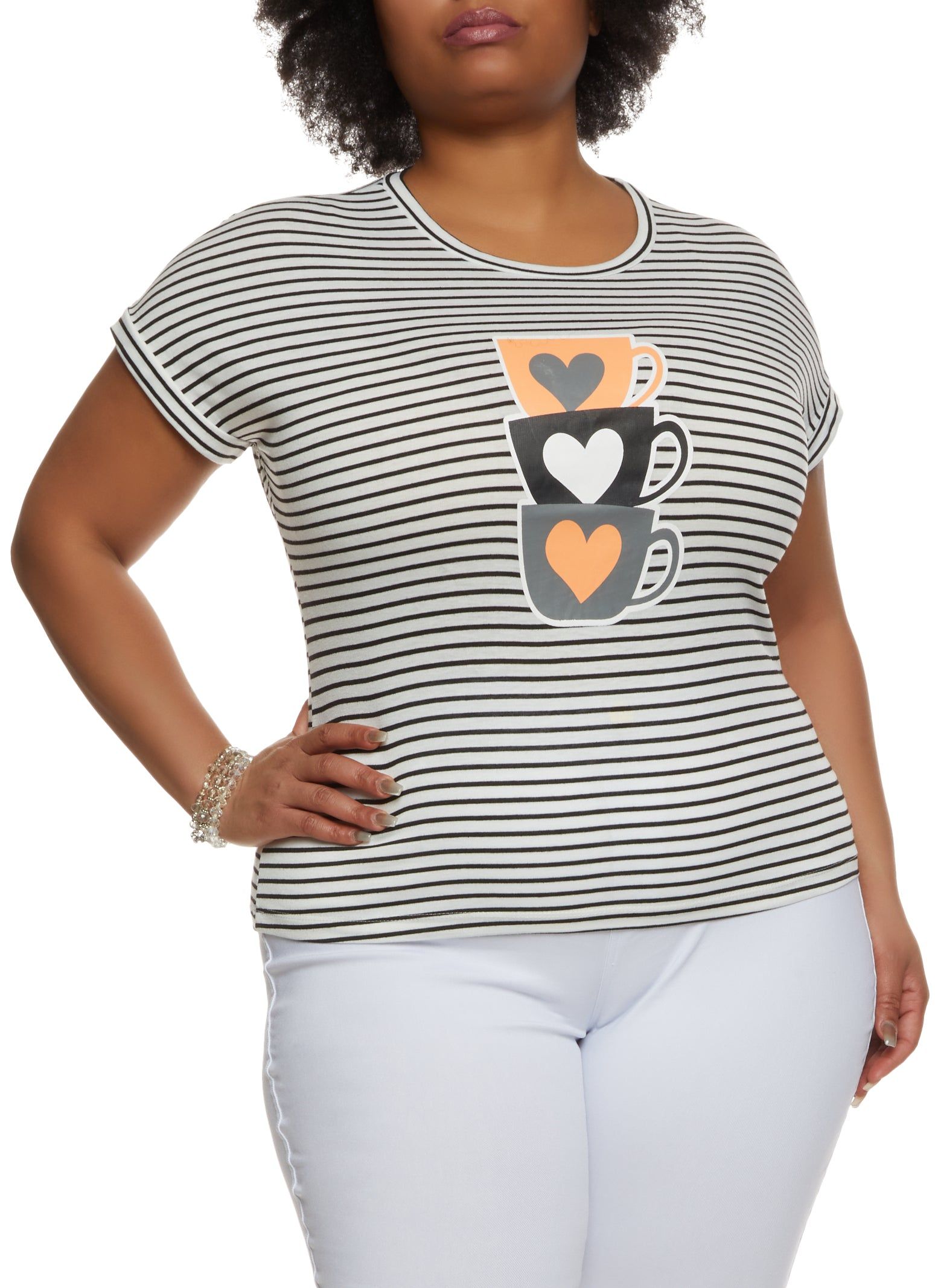 Plus Size Heart Mug Graphic Striped Tee sold by Rainbow