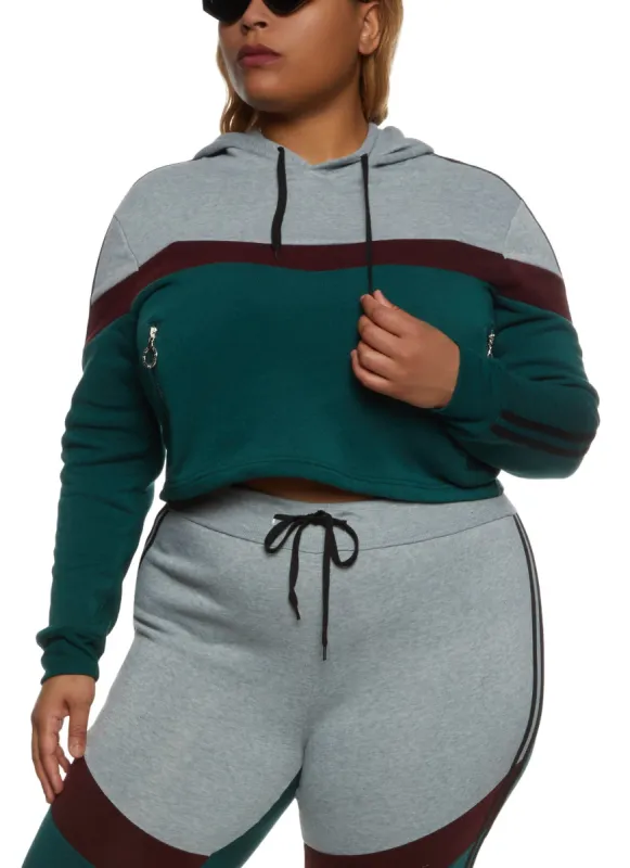 Plus Size Zip Pocket Varsity Striped Cropped Hoodie sold by Rainbow