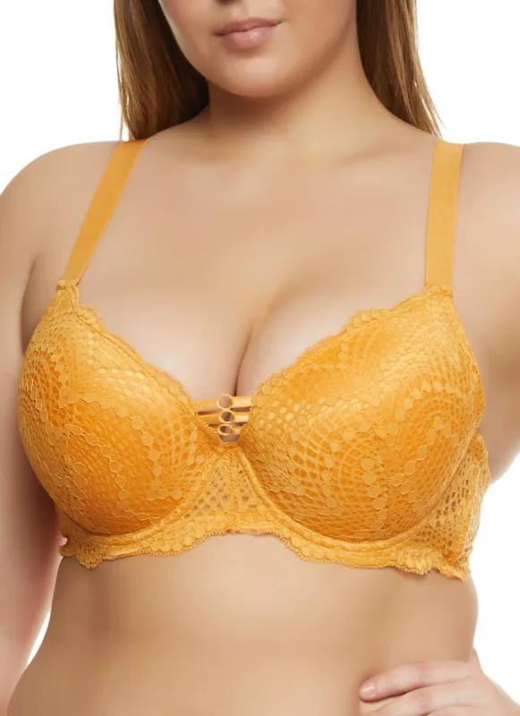 Plus Size Patterned Lace Caged Plunge Bra sold by Rainbow