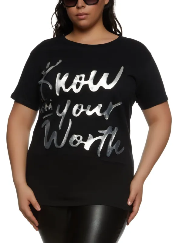 Plus Size Know Your Worth Foil Graphic Tee sold by Rainbow