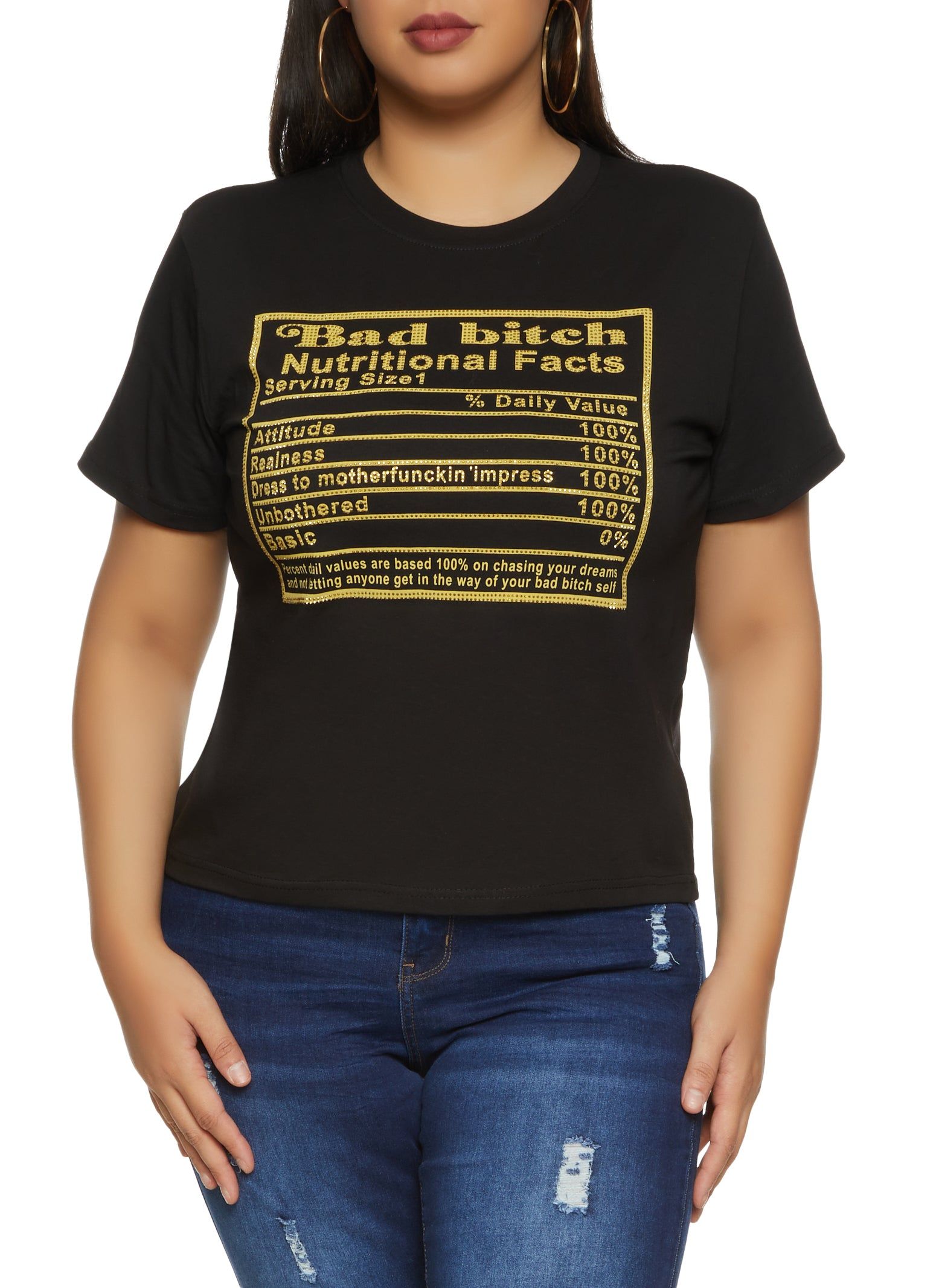 Plus Size Nutritional Facts Rhinestone Graphic Tee sold by Rainbow