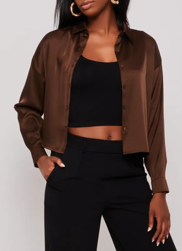 Satin Button Front Cropped Blouse sold by Rainbow