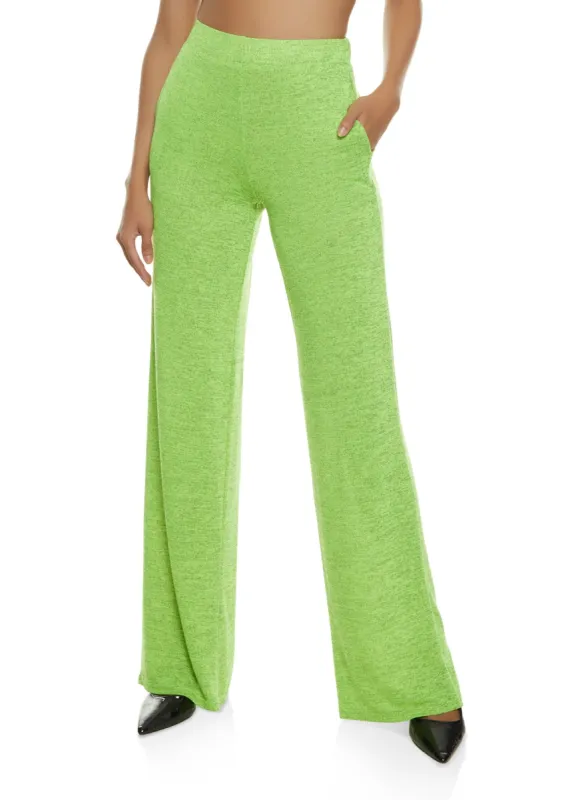 Solid Brushed Knit High Waisted Wide Leg Pants sold by Rainbow