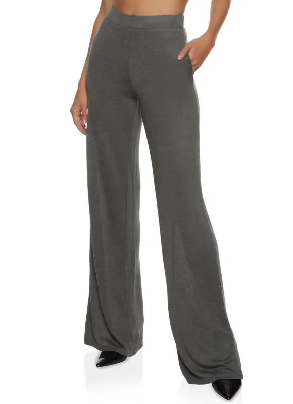 Solid Brushed Knit High Waisted Wide Leg Pants sold by Rainbow