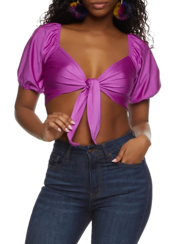 Tie Front Puff Sleeve Crop Top sold by Rainbow