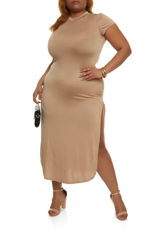 Plus Size Side Slit Mock Neck T Shirt Maxi Dress sold by Rainbow